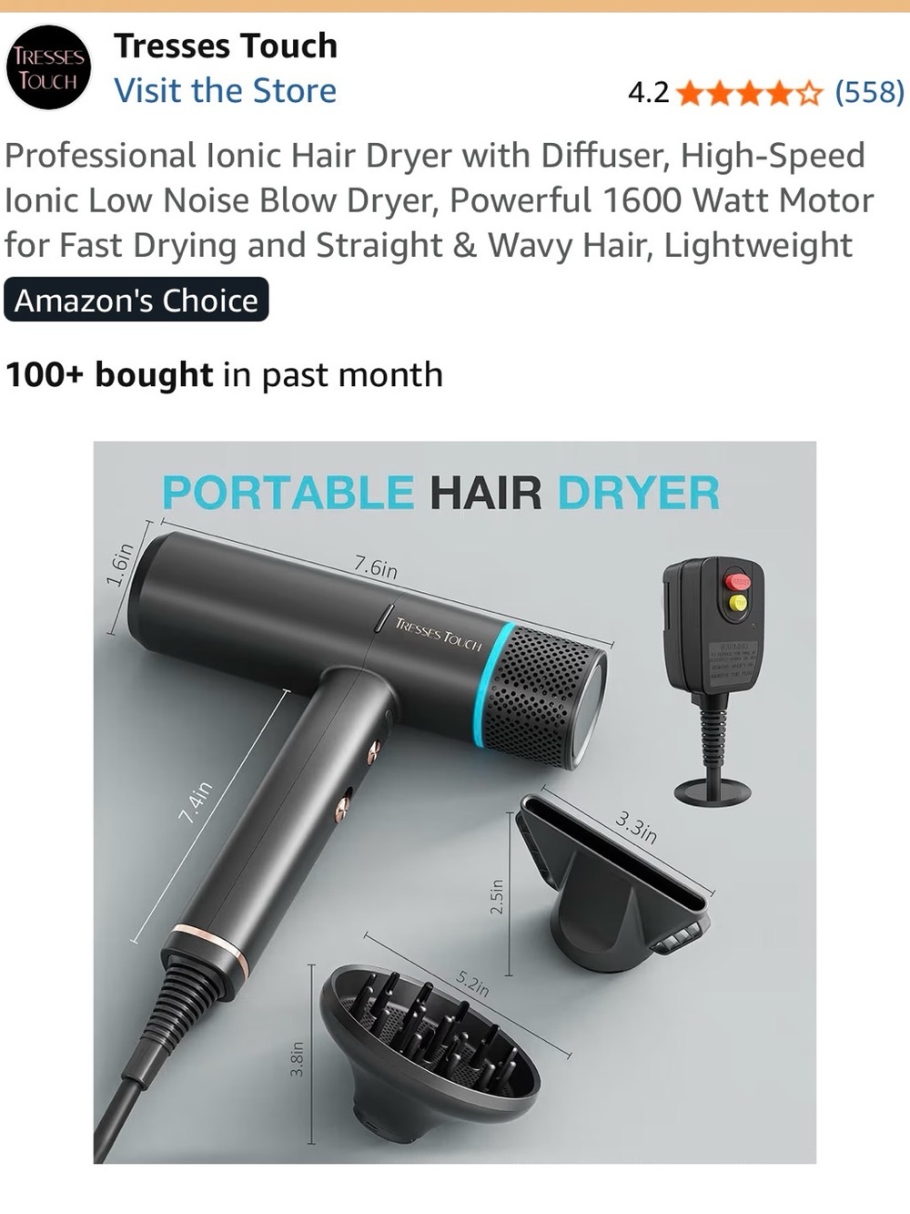 Tresses Touch Portable Hair Dryer - Matte Black with Teal Accent - Picture 2 of 6